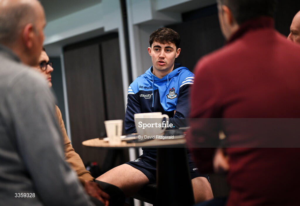 16 February 2026; Dublin hurler Paddy Doyle speaks to media during a Dublin GAA Doubler-Header media event at Croke Park in Dublin. Photo by David Fitzgerald/Sportsfile