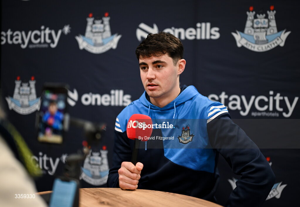 16 February 2026; Dublin hurler Paddy Doyle speaks to FM104 during a Dublin GAA Doubler-Header media event at Croke Park in Dublin. Photo by David Fitzgerald/Sportsfile