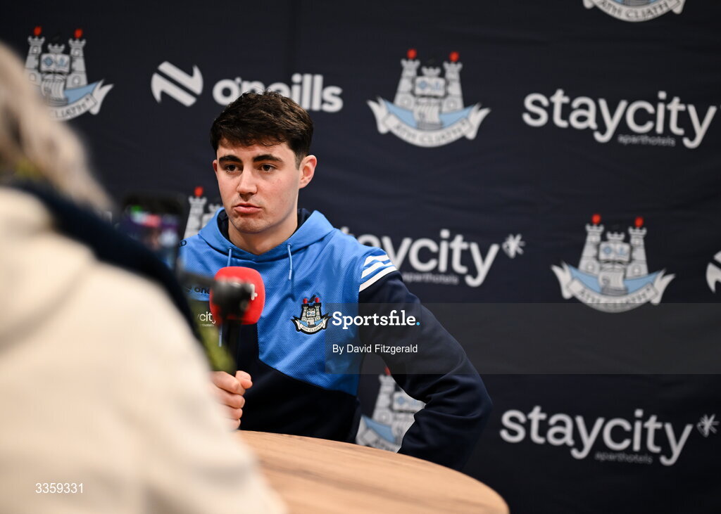 16 February 2026; Dublin hurler Paddy Doyle speaks to FM104 during a Dublin GAA Doubler-Header media event at Croke Park in Dublin. Photo by David Fitzgerald/Sportsfile