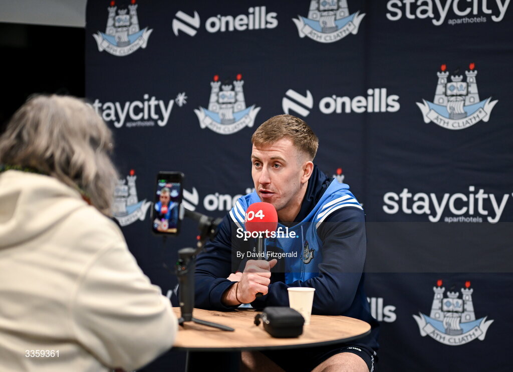 16 February 2026; Dublin footballer Seán Bugler speaks to FM104 during a Dublin GAA Doubler-Header media event at Croke Park in Dublin. Photo by David Fitzgerald/Sportsfile