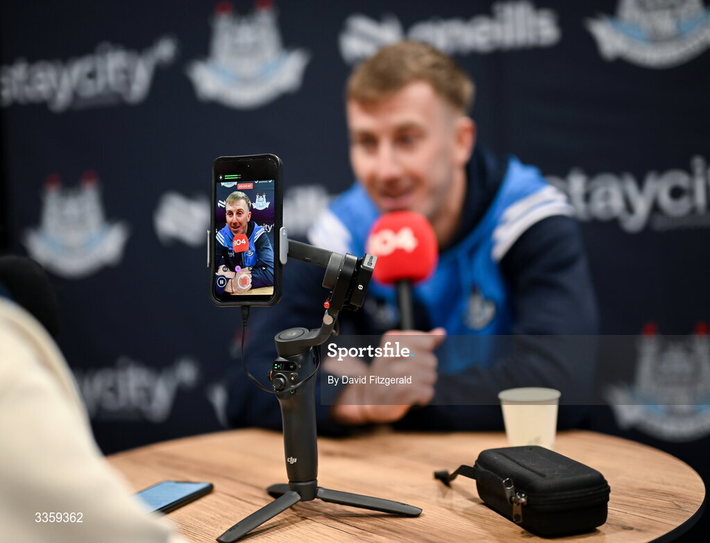 16 February 2026; Dublin footballer Seán Bugler speaks to FM104 during a Dublin GAA Doubler-Header media event at Croke Park in Dublin. Photo by David Fitzgerald/Sportsfile