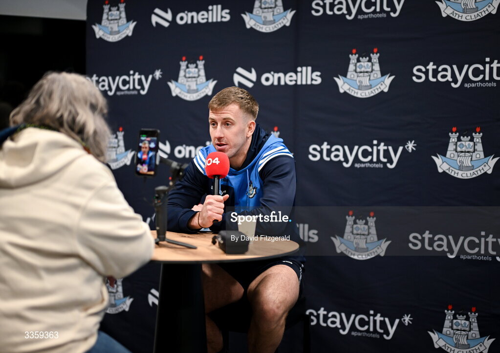 16 February 2026; Dublin footballer Seán Bugler speaks to FM104 during a Dublin GAA Doubler-Header media event at Croke Park in Dublin. Photo by David Fitzgerald/Sportsfile