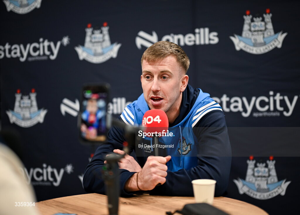 16 February 2026; Dublin footballer Seán Bugler speaks to FM104 during a Dublin GAA Doubler-Header media event at Croke Park in Dublin. Photo by David Fitzgerald/Sportsfile