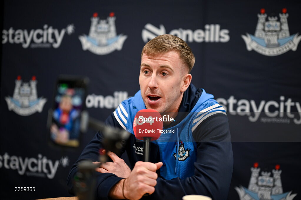 16 February 2026; Dublin footballer Seán Bugler speaks to FM104 during a Dublin GAA Doubler-Header media event at Croke Park in Dublin. Photo by David Fitzgerald/Sportsfile