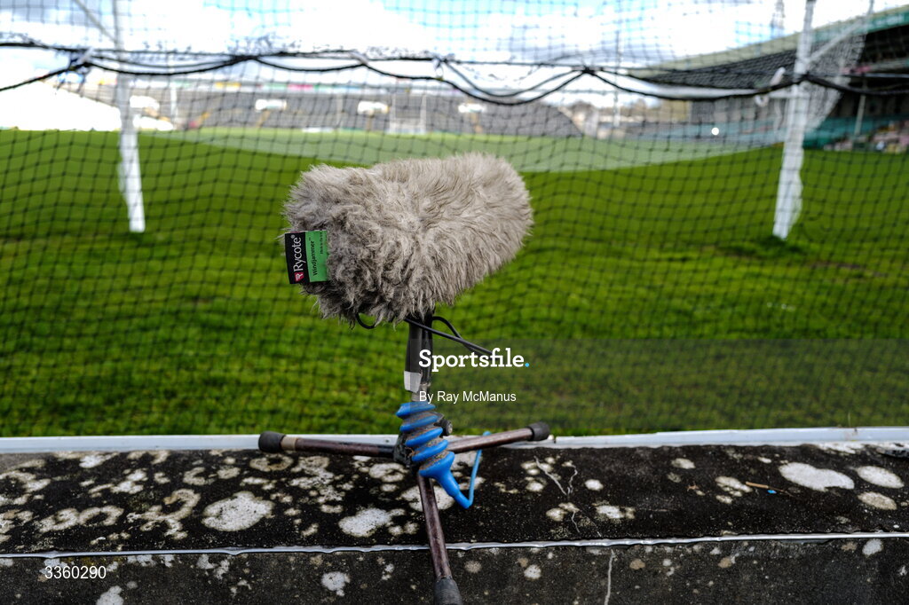 8 February 2026; A 'windjammer' sound microphone behind the goal before the Allianz Hurling League Division 1A match between Limerick and Kilkenny at TUS Gaelic Grounds in Limerick. Photo by Ray McManus/Sportsfile