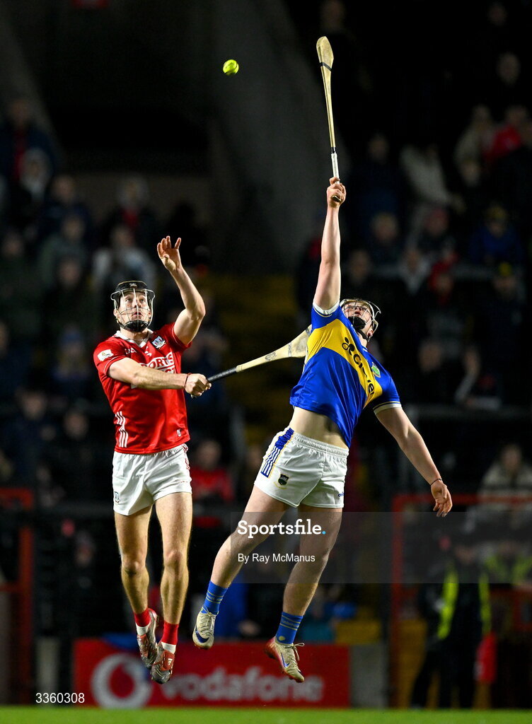 7 February 2026; Eoín Downey of Cork and Darragh McCarthy of Tipperary during the Allianz Hurling League Division 1A match between Cork and Tipperary at SuperValu Páirc Ui Chaoimh in Cork. Photo by Ray McManus/Sportsfile