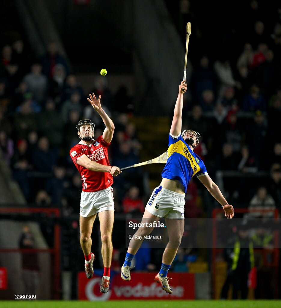 7 February 2026; Eoín Downey of Cork and Darragh McCarthy of Tipperary during the Allianz Hurling League Division 1A match between Cork and Tipperary at SuperValu Páirc Ui Chaoimh in Cork. Photo by Ray McManus/Sportsfile