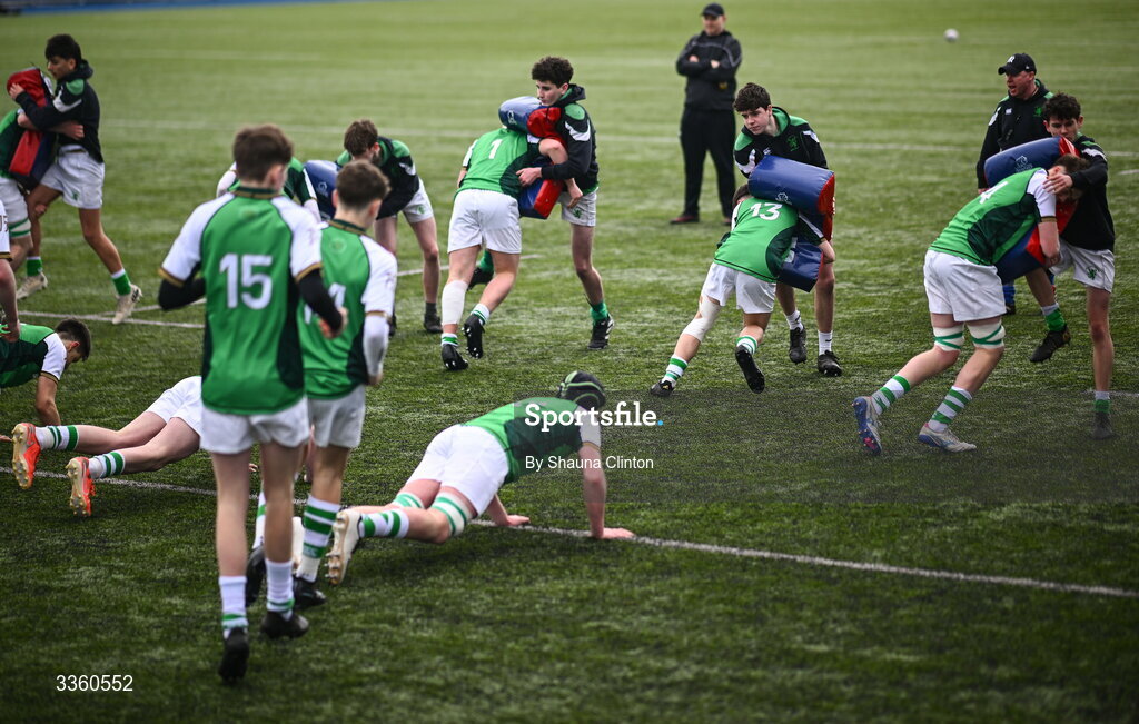 9 February 2026; Gonzaga College players warm-up before the Bank of Ireland Leinster Rugby Boys Schools Junior Cup First Round match between Gonzaga College and St Michael’s College at Energia Park in Dublin. Photo by Shauna Clinton/Sportsfile