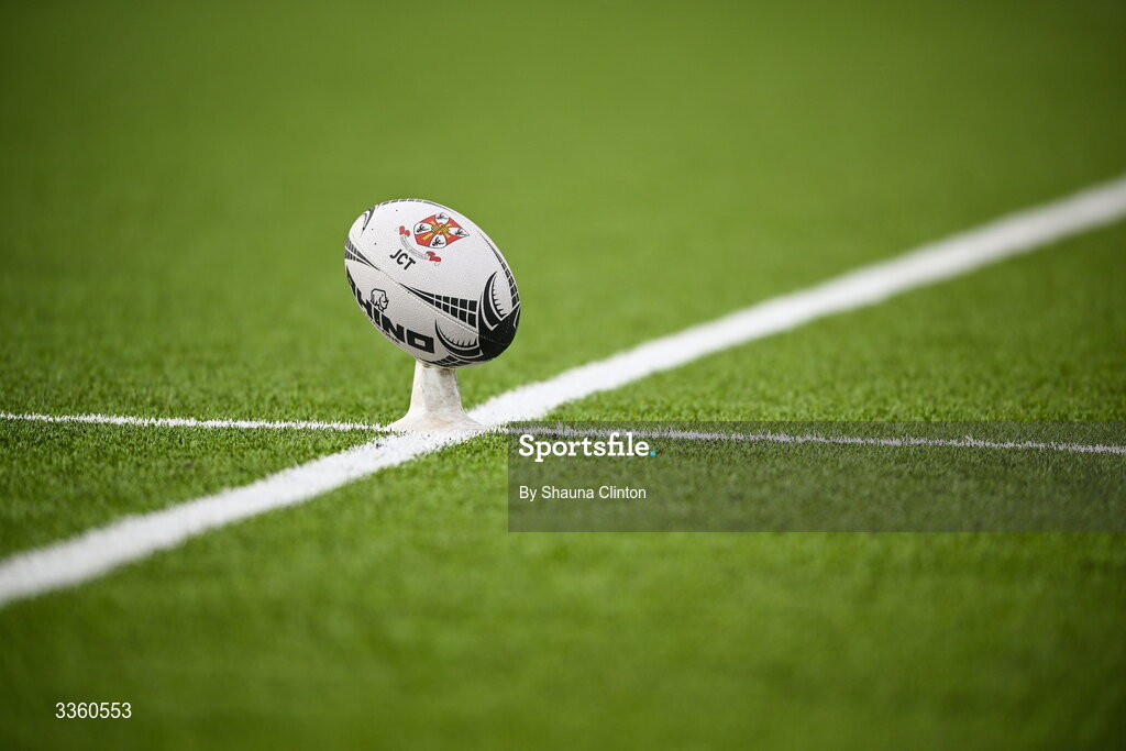 9 February 2026; A training ball is seen before the Bank of Ireland Leinster Rugby Boys Schools Junior Cup First Round match between Gonzaga College and St Michael’s College at Energia Park in Dublin. Photo by Shauna Clinton/Sportsfile