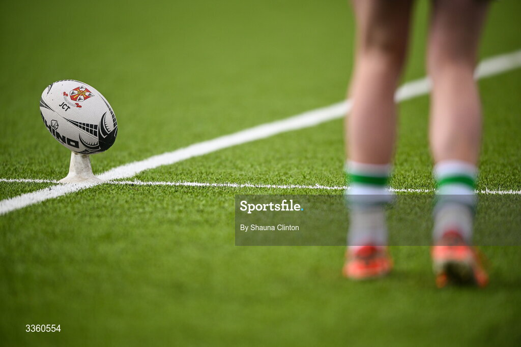 9 February 2026; A Gonzaga College player warms-up before the Bank of Ireland Leinster Rugby Boys Schools Junior Cup First Round match between Gonzaga College and St Michael’s College at Energia Park in Dublin. Photo by Shauna Clinton/Sportsfile