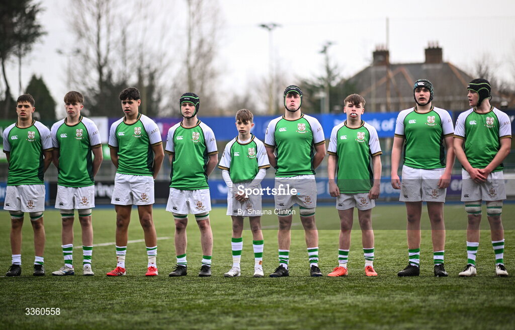 9 February 2026; Gonzaga College players observe a minute's silence in honour of the passing of St Michael's College teacher Dara Kelly before the Bank of Ireland Leinster Rugby Boys Schools Junior Cup First Round match between Gonzaga College and St Michael’s College at Energia Park in Dublin. Photo by Shauna Clinton/Sportsfile