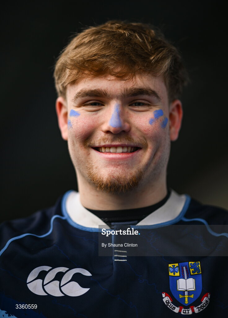9 February 2026; A St Michael’s College supporter before the Bank of Ireland Leinster Rugby Boys Schools Junior Cup First Round match between Gonzaga College and St Michael’s College at Energia Park in Dublin. Photo by Shauna Clinton/Sportsfile