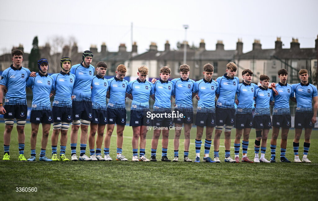 9 February 2026; St Michael’s College players observe a minute's silence in honour of the passing of St Michael's College teacher Dara Kelly before the Bank of Ireland Leinster Rugby Boys Schools Junior Cup First Round match between Gonzaga College and St Michael’s College at Energia Park in Dublin. Photo by Shauna Clinton/Sportsfile