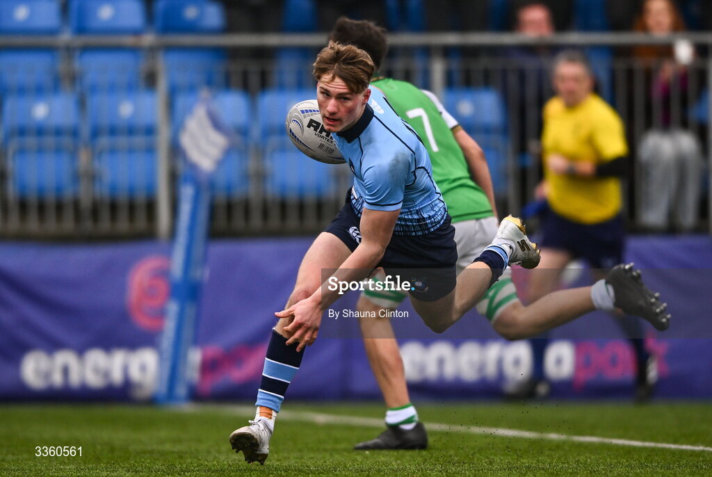 9 February 2026; Myles Carroll of St Michael’s College scores his side's fourth try during the Bank of Ireland Leinster Rugby Boys Schools Junior Cup First Round match between Gonzaga College and St Michael’s College at Energia Park in Dublin. Photo by Shauna Clinton/Sportsfile