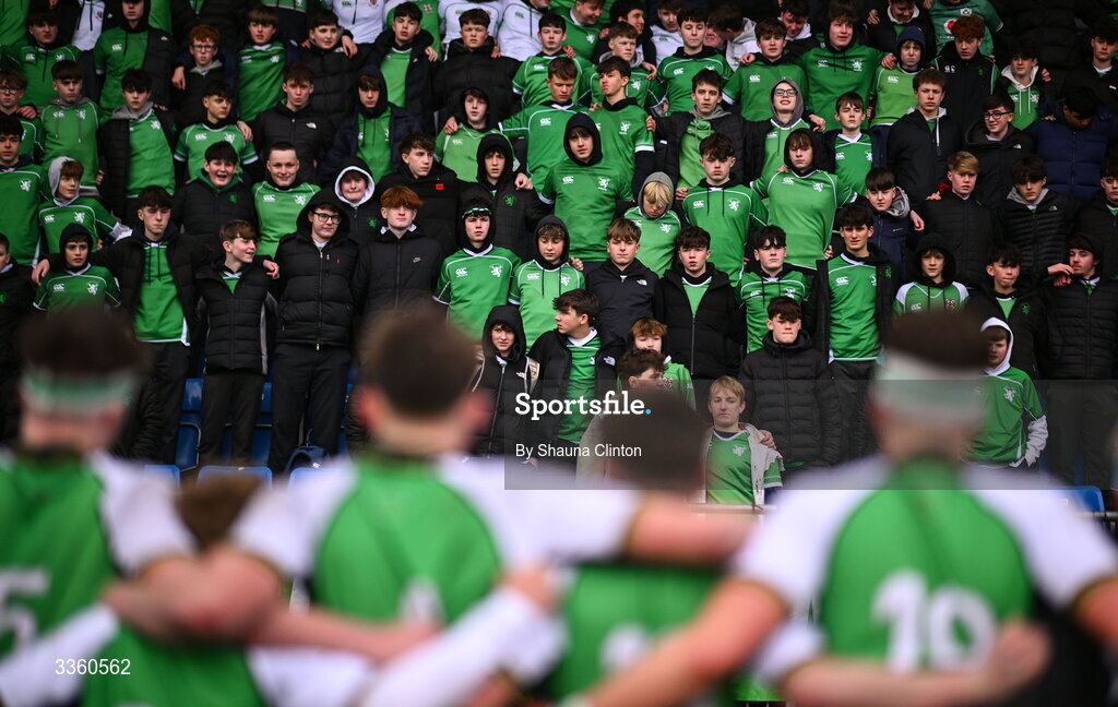 9 February 2026; Gonzaga College supporters dejected after their side's defeat in the Bank of Ireland Leinster Rugby Boys Schools Junior Cup First Round match between Gonzaga College and St Michael’s College at Energia Park in Dublin. Photo by Shauna Clinton/Sportsfile