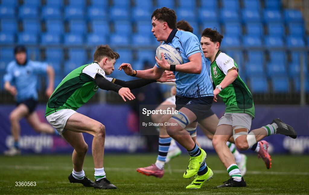 9 February 2026; Ryan O'Malley of St Michael’s College is tackled by Hugh Cunningham of Gonzaga College during the Bank of Ireland Leinster Rugby Boys Schools Junior Cup First Round match between Gonzaga College and St Michael’s College at Energia Park in Dublin. Photo by Shauna Clinton/Sportsfile