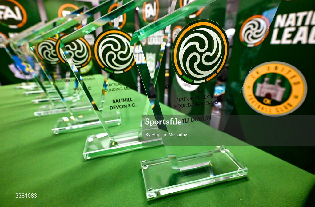 18 February 2026; An award to be presented to TU Dublin during an FAI National League Clubs Workshop at the FAI Headquarters in Abbotstown, Dublin. Photo by Stephen McCarthy/Sportsfile