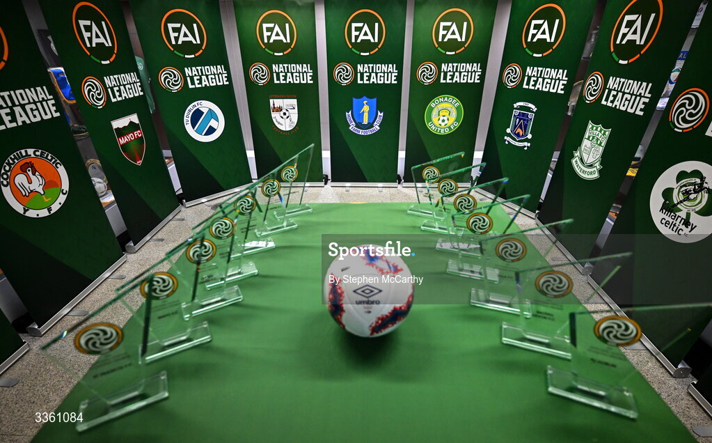 18 February 2026; A general view the the clubs crests and a football during an FAI National League Clubs Workshop at the FAI Headquarters in Abbotstown, Dublin. Photo by Stephen McCarthy/Sportsfile