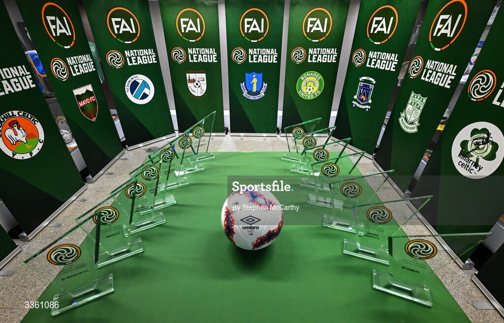 18 February 2026; A general view the the clubs crests and a football during an FAI National League Clubs Workshop at the FAI Headquarters in Abbotstown, Dublin. Photo by Stephen McCarthy/Sportsfile