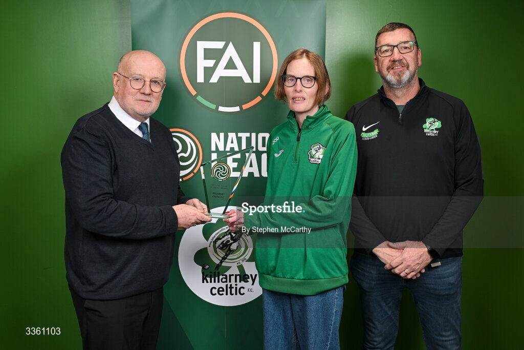 18 February 2026; FAI head of competitions Fran Gavin makes a presentation to Killarney Celtic's Jane O'Donoghue and Tim Jones, right, during an FAI National League Clubs Workshop at the FAI Headquarters in Abbotstown, Dublin. Photo by Stephen McCarthy/Sportsfile
