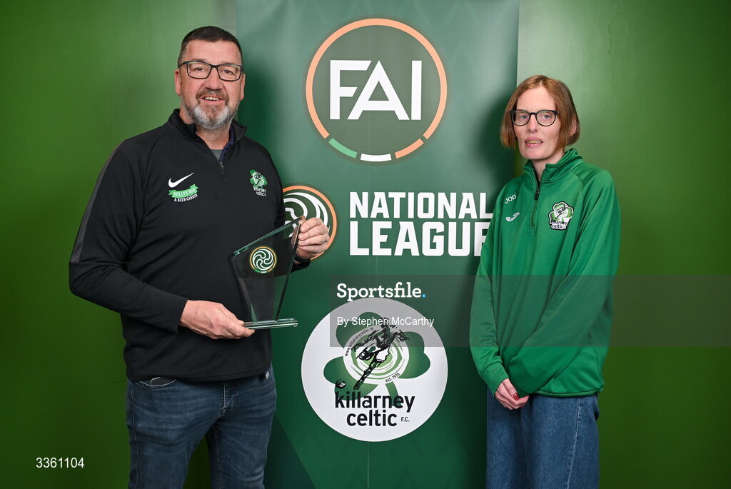 18 February 2026; Killarney Celtic's Tim Jones and Jane O'Donoghue during an FAI National League Clubs Workshop at the FAI Headquarters in Abbotstown, Dublin. Photo by Stephen McCarthy/Sportsfile