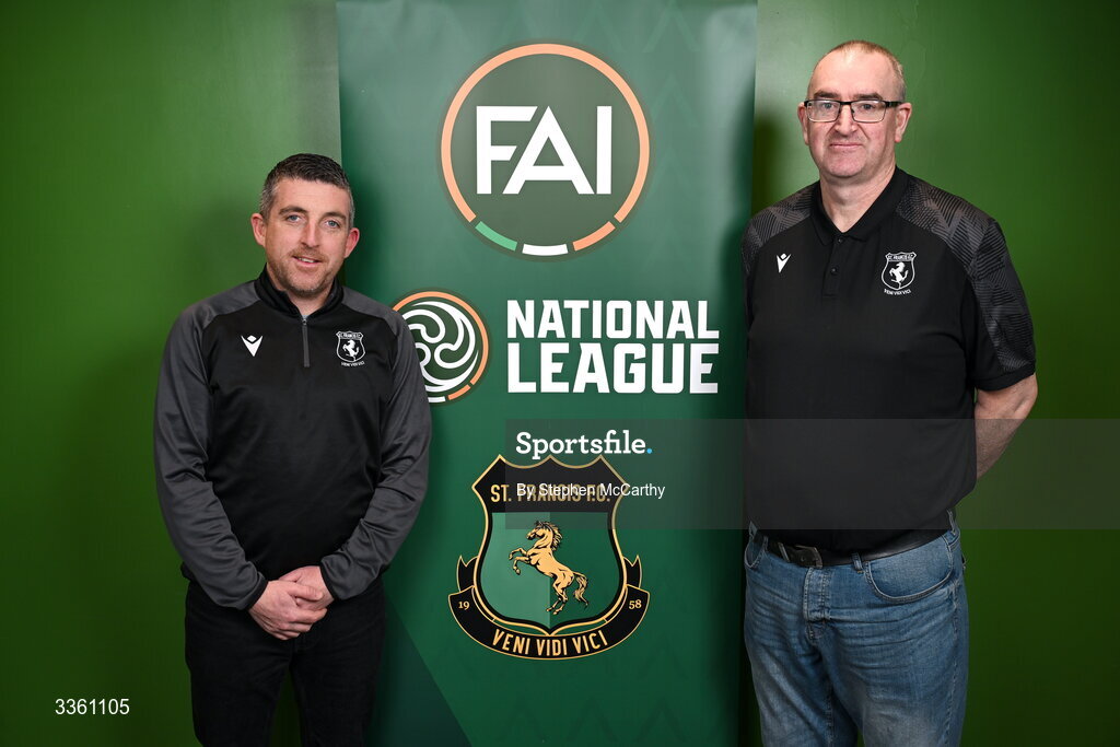 18 February 2026; St Francis representatives Declan Glynn and Colin Patchell, right, during an FAI National League Clubs Workshop at the FAI Headquarters in Abbotstown, Dublin. Photo by Stephen McCarthy/Sportsfile