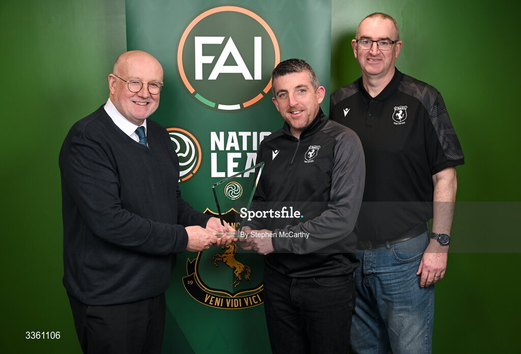18 February 2026; FAI head of competitions Fran Gavin, left, makes a presentation to St Francis representatives Declan Glynn and Colin Patchell, right, during an FAI National League Clubs Workshop at the FAI Headquarters in Abbotstown, Dublin. Photo by Stephen McCarthy/Sportsfile