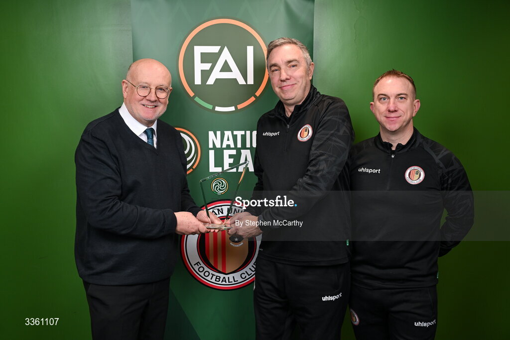 18 February 2026; FAI head of competitions Fran Gavin makes a presentation to Lucan United representatives John Doyle and Vinny Slevin, right, during an FAI National League Clubs Workshop at the FAI Headquarters in Abbotstown, Dublin. Photo by Stephen McCarthy/Sportsfile