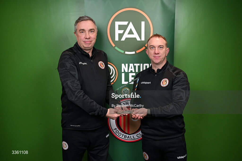 18 February 2026; Lucan United representatives John Doyle and Vinny Slevin, right, during an FAI National League Clubs Workshop at the FAI Headquarters in Abbotstown, Dublin. Photo by Stephen McCarthy/Sportsfile