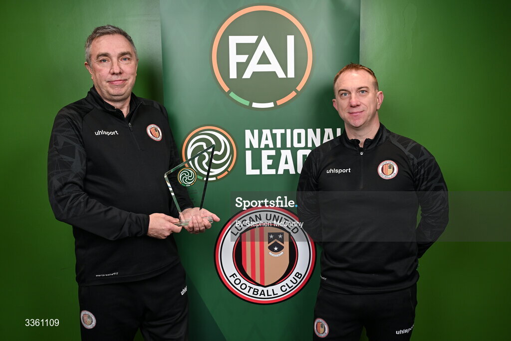 18 February 2026; Lucan United representatives John Doyle and Vinny Slevin, right, during an FAI National League Clubs Workshop at the FAI Headquarters in Abbotstown, Dublin. Photo by Stephen McCarthy/Sportsfile