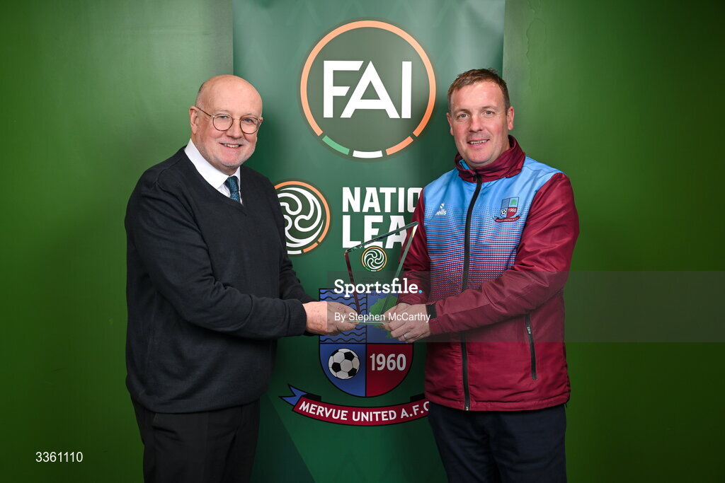 18 February 2026; FAI head of competitions Fran Gavin makes a presentation to Ger McGrath of Mervue United during an FAI National League Clubs Workshop at the FAI Headquarters in Abbotstown, Dublin. Photo by Stephen McCarthy/Sportsfile
