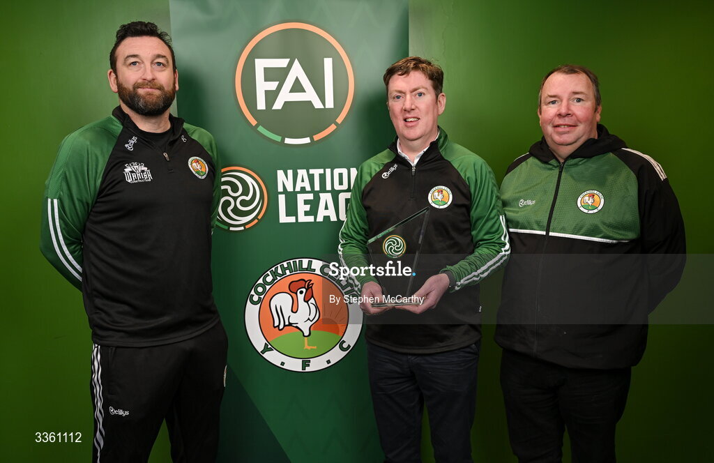 18 February 2026; Cockhill Celtic representatives, from left, Gavin Cullen Dermot O'Donnell Christy McDaid during an FAI National League Clubs Workshop at the FAI Headquarters in Abbotstown, Dublin. Photo by Stephen McCarthy/Sportsfile