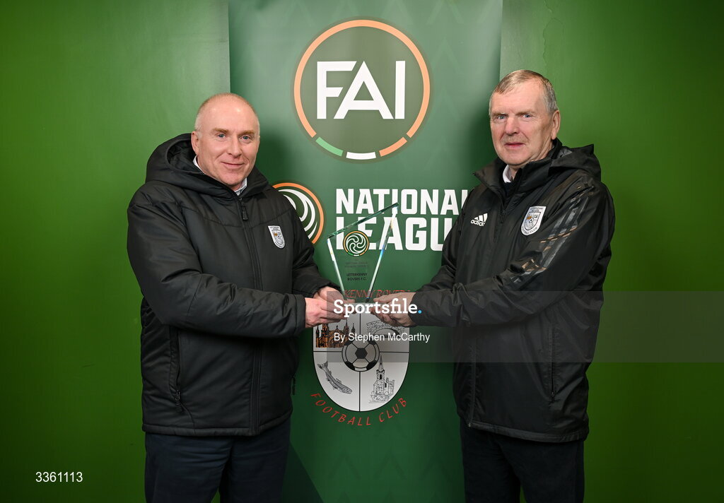 18 February 2026; Letterkenny Rovers representatives Donagh McMorrow, left, and Eamonn McConigley during an FAI National League Clubs Workshop at the FAI Headquarters in Abbotstown, Dublin. Photo by Stephen McCarthy/Sportsfile