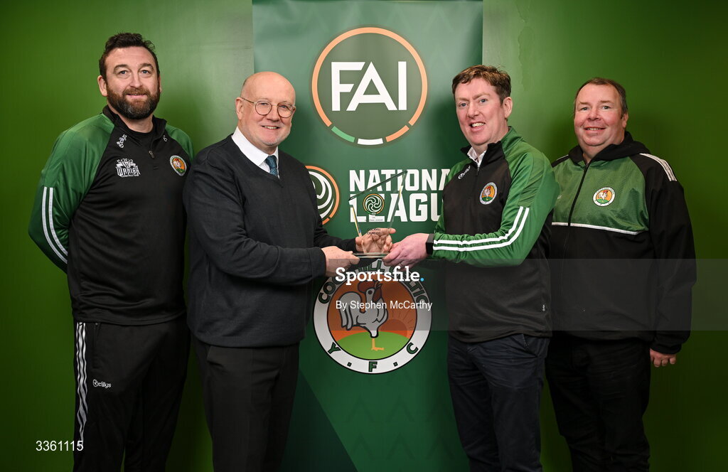 18 February 2026; FAI head of competitions Fran Gavin, second from left, makes a presentation to Cockhill Celtic representatives, from left, Gavin Cullen Dermot O'Donnell Christy McDaid during an FAI National League Clubs Workshop at the FAI Headquarters in Abbotstown, Dublin. Photo by Stephen McCarthy/Sportsfile