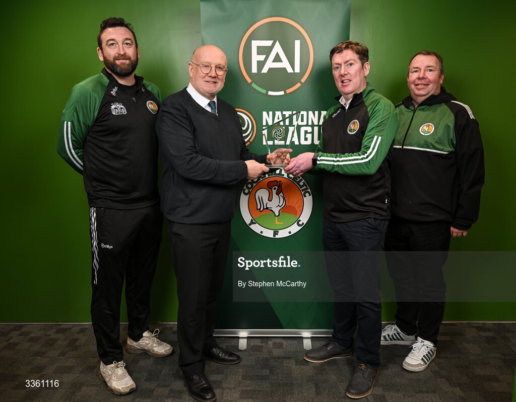 18 February 2026; FAI head of competitions Fran Gavin, second from left, makes a presentation to Cockhill Celtic representatives, from left, Gavin Cullen Dermot O'Donnell Christy McDaid during an FAI National League Clubs Workshop at the FAI Headquarters in Abbotstown, Dublin. Photo by Stephen McCarthy/Sportsfile