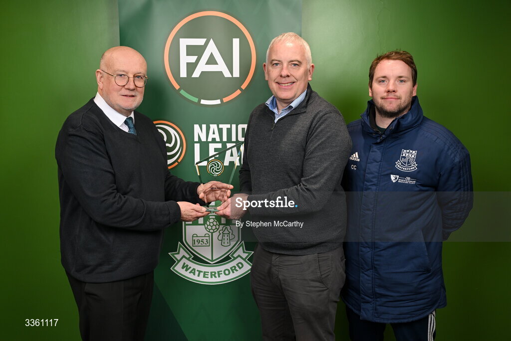 18 February 2026; FAI head of competitions Fran Gavin makes a presentation to Villa FC representatives Paul Morrissey and Conor Coad, right, during an FAI National League Clubs Workshop at the FAI Headquarters in Abbotstown, Dublin. Photo by Stephen McCarthy/Sportsfile