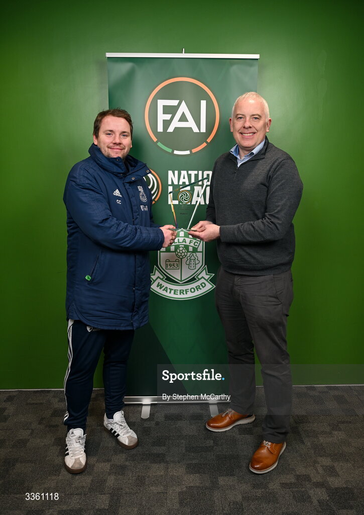 18 February 2026; Villa FC representatives Conor Coad, left, and Paul Morrissey during an FAI National League Clubs Workshop at the FAI Headquarters in Abbotstown, Dublin. Photo by Stephen McCarthy/Sportsfile