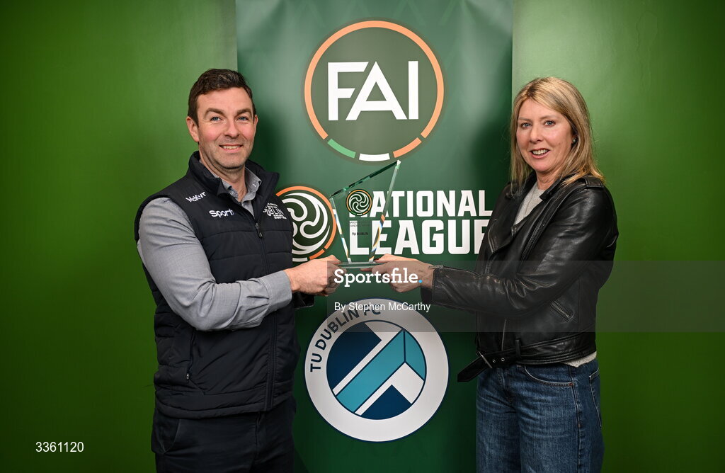18 February 2026; TU Dublin representatives Christy O'Shea and Niamh O'Callaghan during an FAI National League Clubs Workshop at the FAI Headquarters in Abbotstown, Dublin. Photo by Stephen McCarthy/Sportsfile