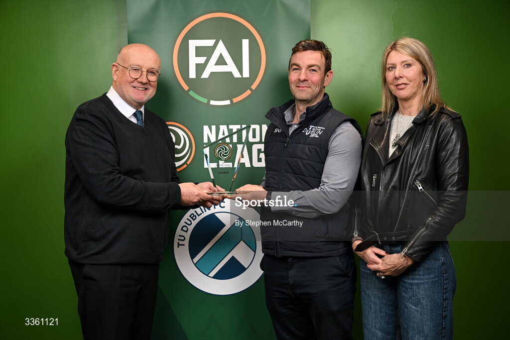 18 February 2026; FAI head of competitions Fran Gavin, left, makes a presentation to TU Dublin representatives Christy O'Shea and Niamh O'Callaghan during an FAI National League Clubs Workshop at the FAI Headquarters in Abbotstown, Dublin. Photo by Stephen McCarthy/Sportsfile