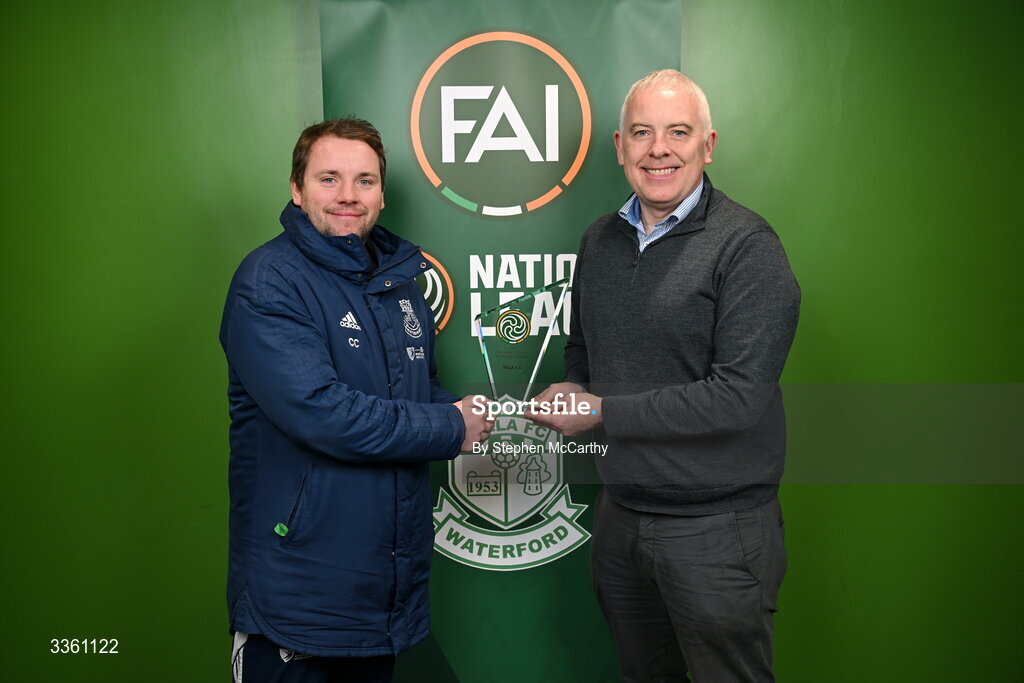 18 February 2026; Villa FC representatives Conor Coad, left, and Paul Morrissey during an FAI National League Clubs Workshop at the FAI Headquarters in Abbotstown, Dublin. Photo by Stephen McCarthy/Sportsfile