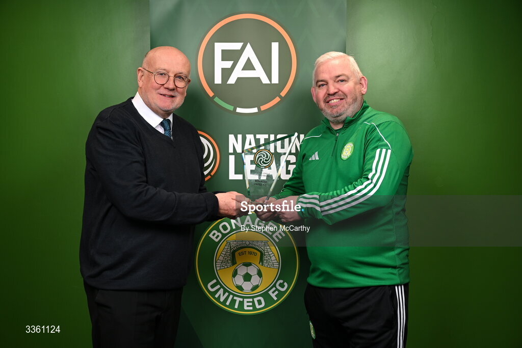 18 February 2026; FAI head of competitions Fran Gavin, left, makes a presentation to Jason Gibson of Bonagee United during an FAI National League Clubs Workshop at the FAI Headquarters in Abbotstown, Dublin. Photo by Stephen McCarthy/Sportsfile