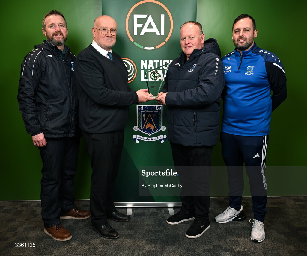 18 February 2026; FAI head of competitions Fran Gavin, second from left, makes a presentation to Newbridge Town representatives, from left, Christian McAuley, Gary O'Carroll and Alan Curran during an FAI National League Clubs Workshop at the FAI Headquarters in Abbotstown, Dublin. Photo by Stephen McCarthy/Sportsfile