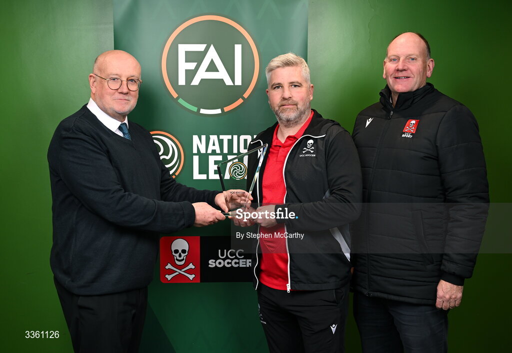 18 February 2026; FAI head of competitions Fran Gavin, left, makes a presentation to UCC Soccer representatives Greg Yelverton and UCC head of sport Morgan Buckley, right, during an FAI National League Clubs Workshop at the FAI Headquarters in Abbotstown, Dublin. Photo by Stephen McCarthy/Sportsfile