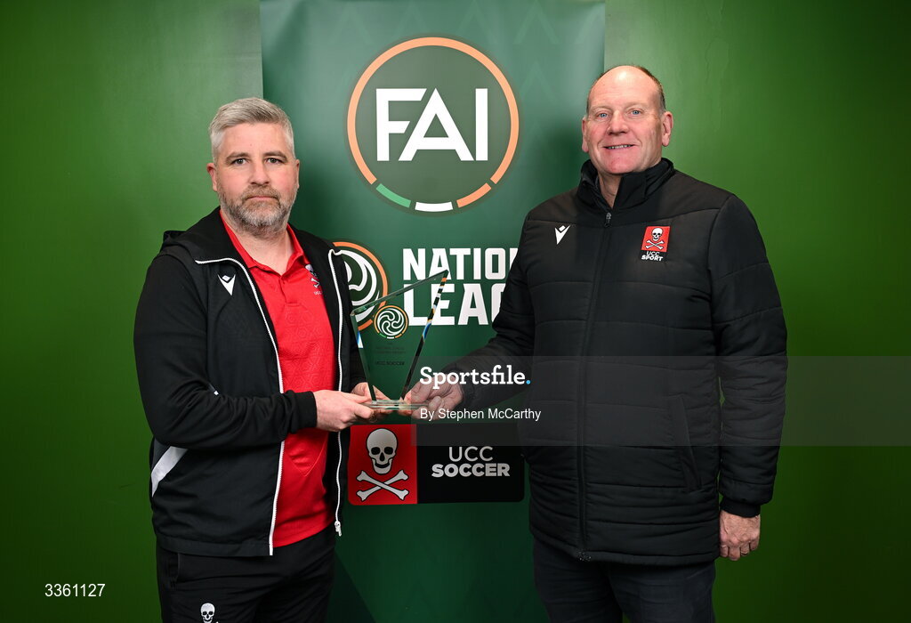 18 February 2026; UCC Soccer representatives Greg Yelverton, left, and Morgan Buckley, head of sport, UCC, during an FAI National League Clubs Workshop at the FAI Headquarters in Abbotstown, Dublin. Photo by Stephen McCarthy/Sportsfile
