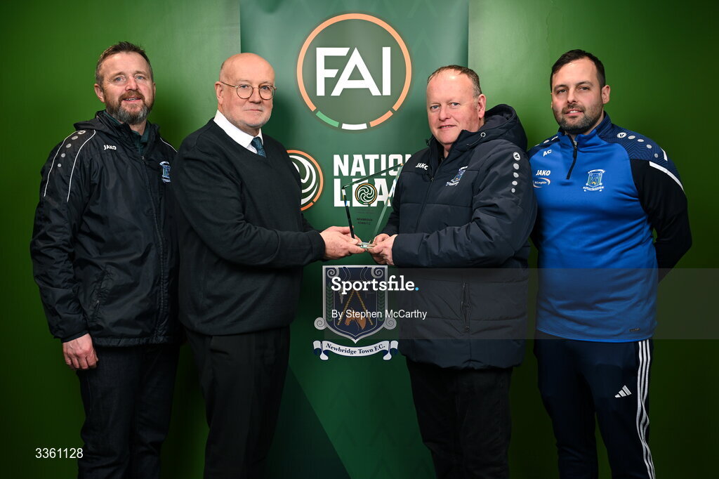 18 February 2026; FAI head of competitions Fran Gavin, second from left, makes a presentation to Newbridge Town representatives, from left, Christian McAuley, Gary O'Carroll and Alan Curran during an FAI National League Clubs Workshop at the FAI Headquarters in Abbotstown, Dublin. Photo by Stephen McCarthy/Sportsfile