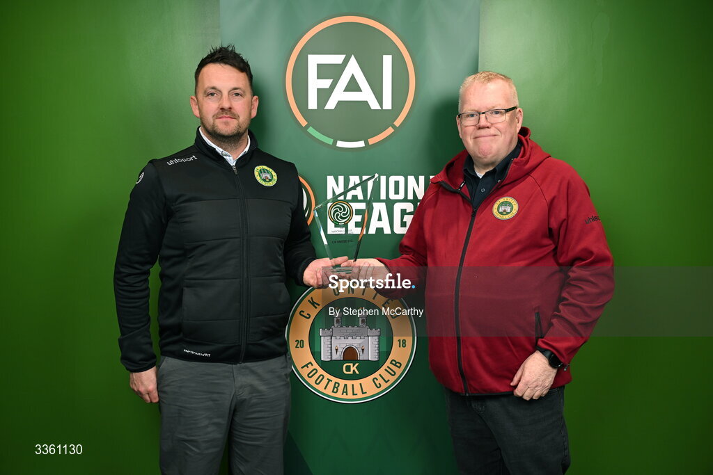 18 February 2026; CK United representatives Derek Beale, left, and Peter Harvey during an FAI National League Clubs Workshop at the FAI Headquarters in Abbotstown, Dublin. Photo by Stephen McCarthy/Sportsfile
