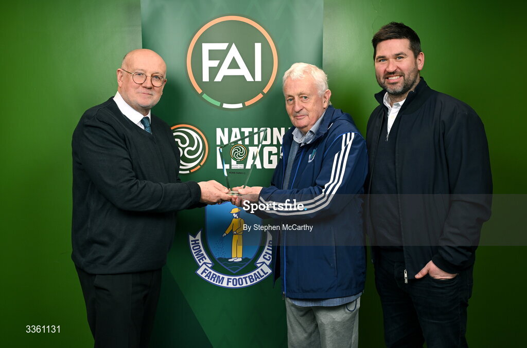 18 February 2026; FAI head of competitions Fran Gavin, left, makes a presentation to Home Farm representatives Brendan Menton and Gavin Whelan, right, during an FAI National League Clubs Workshop at the FAI Headquarters in Abbotstown, Dublin. Photo by Stephen McCarthy/Sportsfile