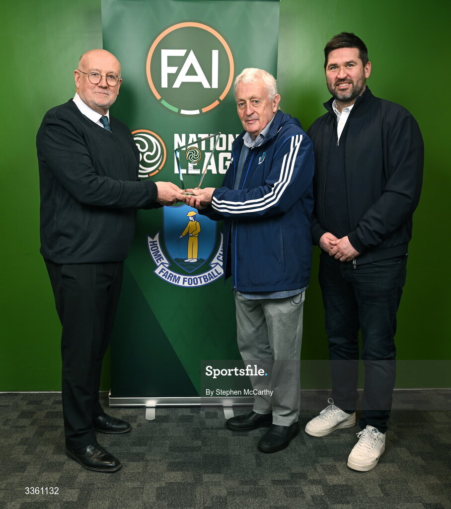 18 February 2026; FAI head of competitions Fran Gavin, left, makes a presentation to Home Farm representatives Brendan Menton and Gavin Whelan, right, during an FAI National League Clubs Workshop at the FAI Headquarters in Abbotstown, Dublin. Photo by Stephen McCarthy/Sportsfile