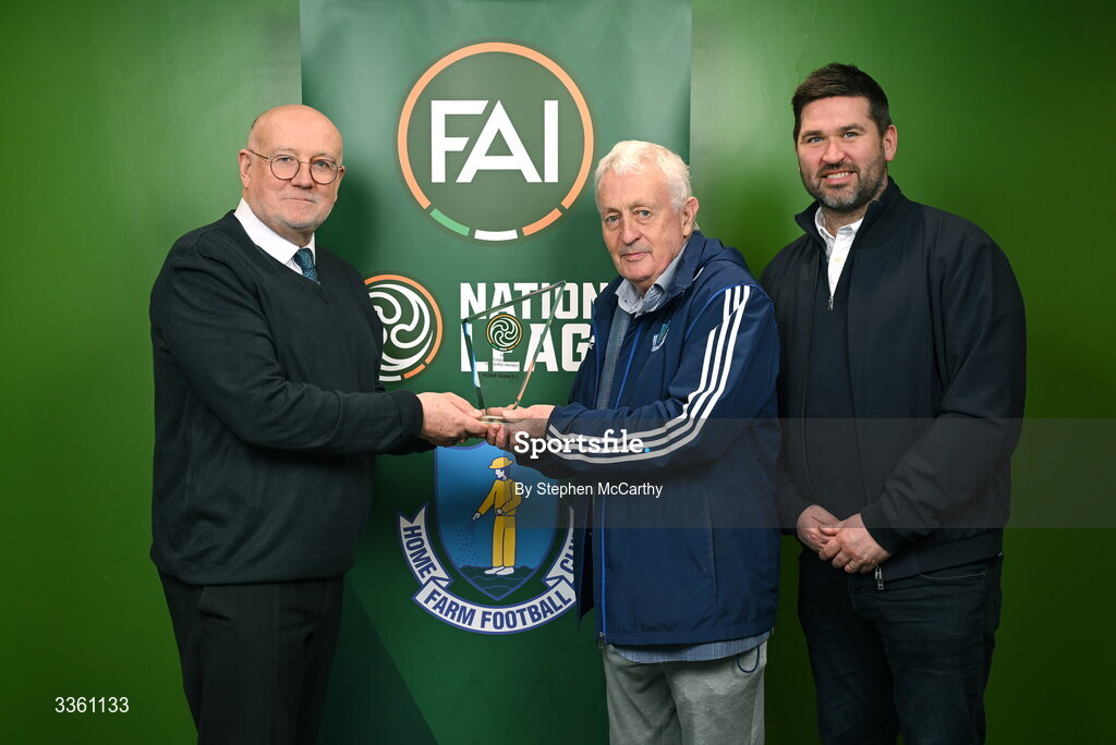 18 February 2026; FAI head of competitions Fran Gavin, left, makes a presentation to Home Farm representatives Brendan Menton and Gavin Whelan, right, during an FAI National League Clubs Workshop at the FAI Headquarters in Abbotstown, Dublin. Photo by Stephen McCarthy/Sportsfile