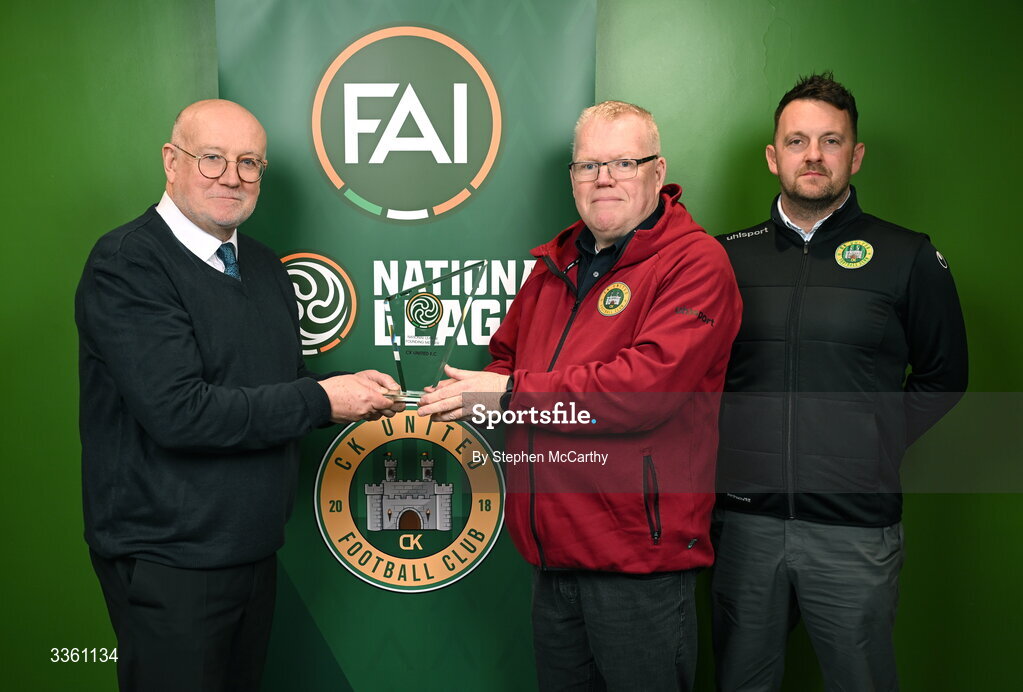 18 February 2026; FAI head of competitions Fran Gavin makes a presentation to CK United representatives Peter Harvey and Derek Beale, right, during an FAI National League Clubs Workshop at the FAI Headquarters in Abbotstown, Dublin. Photo by Stephen McCarthy/Sportsfile